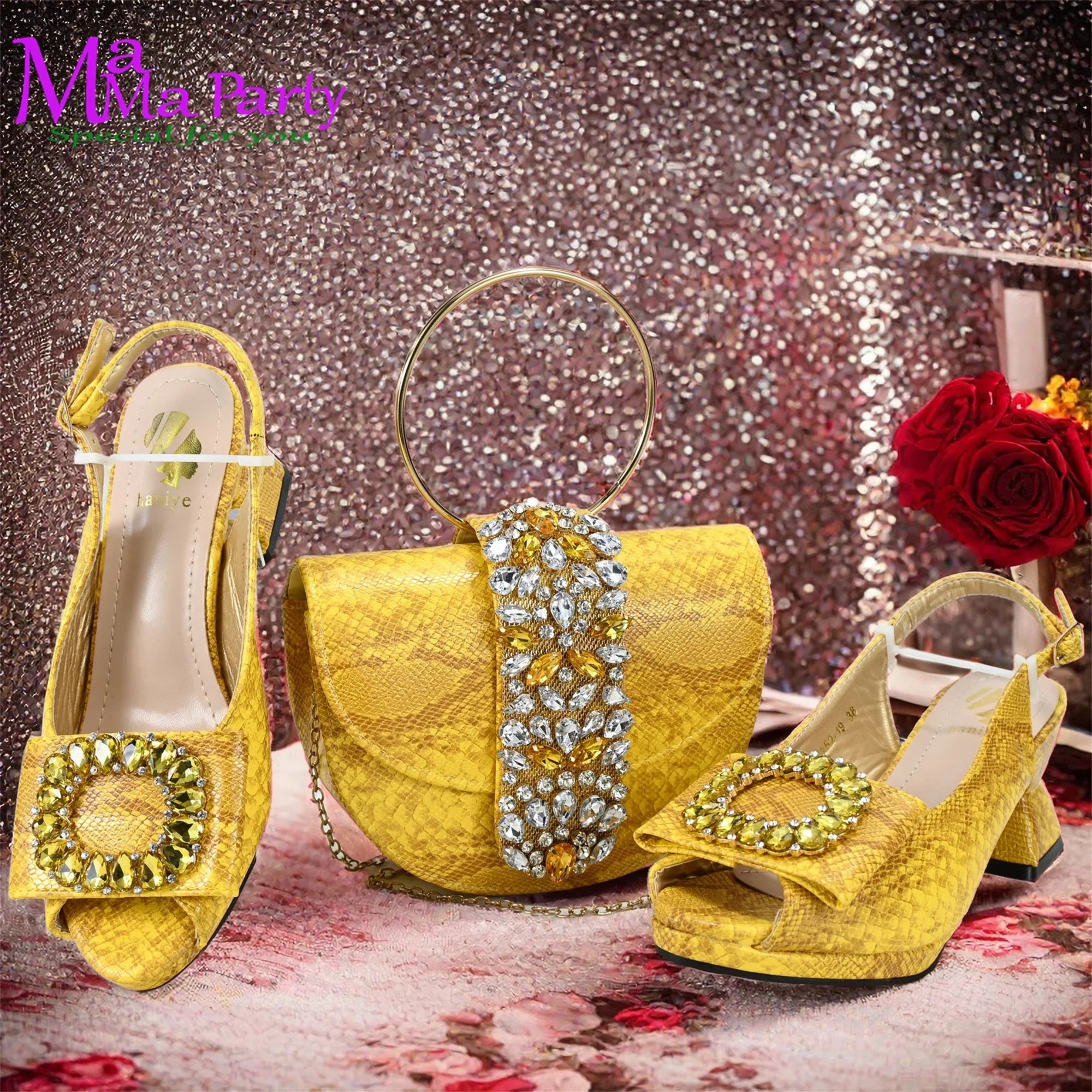 Italian Women Shoes & Bag Set | Peep Toe Slingback Heels | Crystal Detail | 5 Colours | EU 38–43