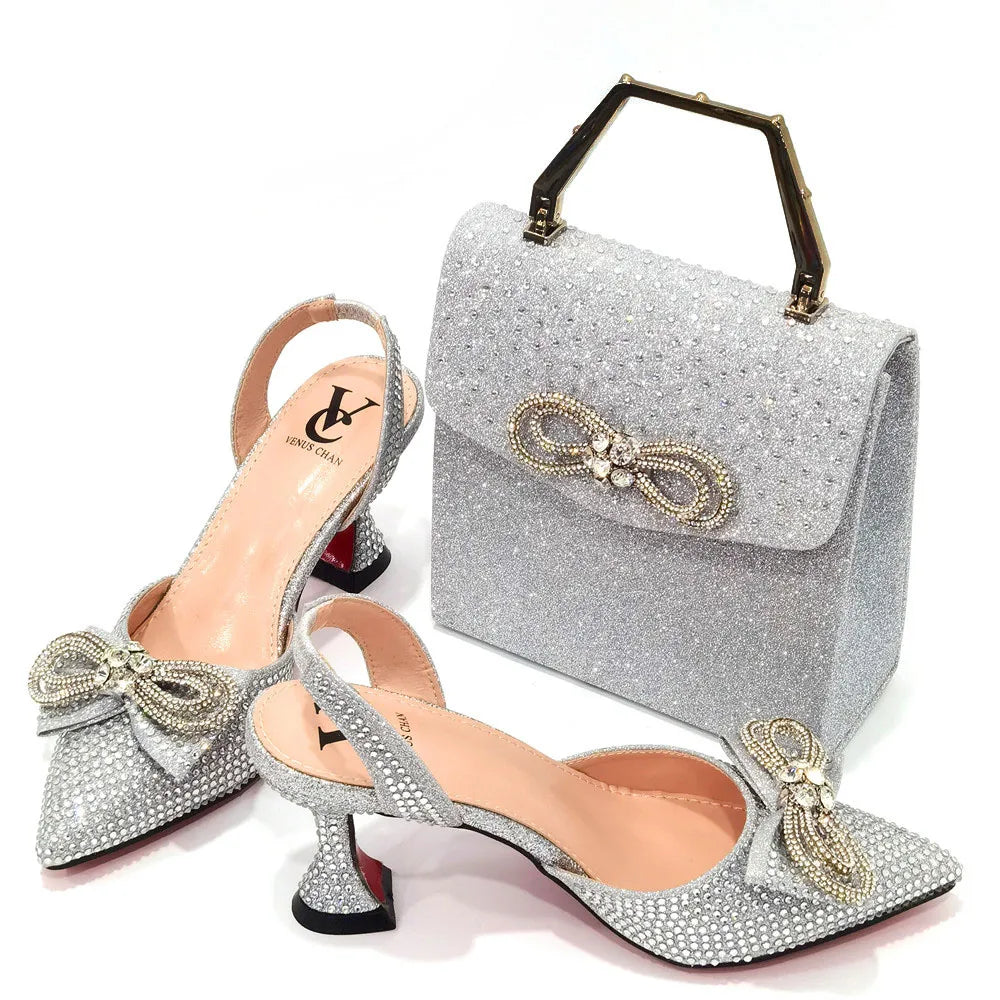 Rhinestone Bow Sequin Pointed Toe Slingback Heels — Shoes Only or With Matching Bag | 6 Colours | EU 37–43