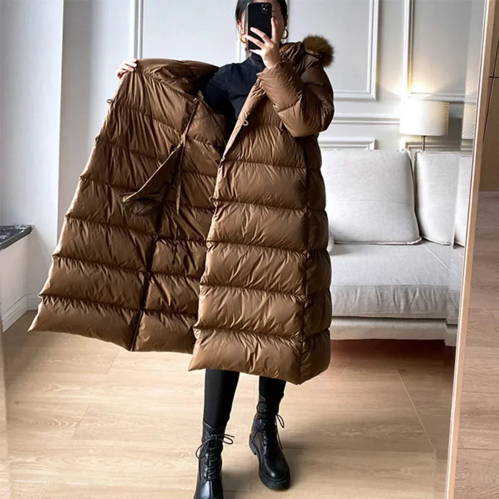 Winter Women's Ultra Light Warm Faux Fur Parka with Hooded Long Duck down Jacket White with Fur Collar Casual Snow Coat
