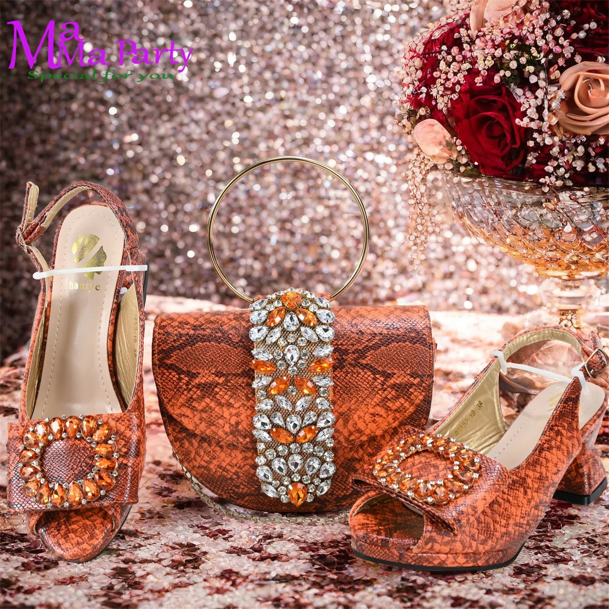 Italian Women Shoes & Bag Set | Peep Toe Slingback Heels | Crystal Detail | 5 Colours | EU 38–43