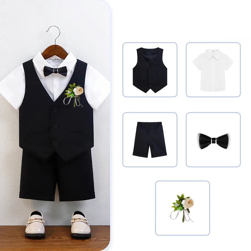 Children Green White Baptism Photography Suit Kids Vest Shirt Shorts Bowtie