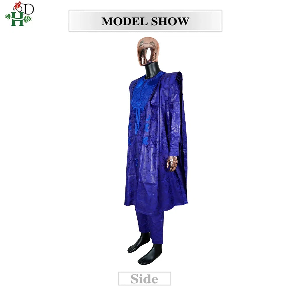 Men's African Traditional 3PCS Outfit  Blue Bazin Riche Agbada Embroidered Robe