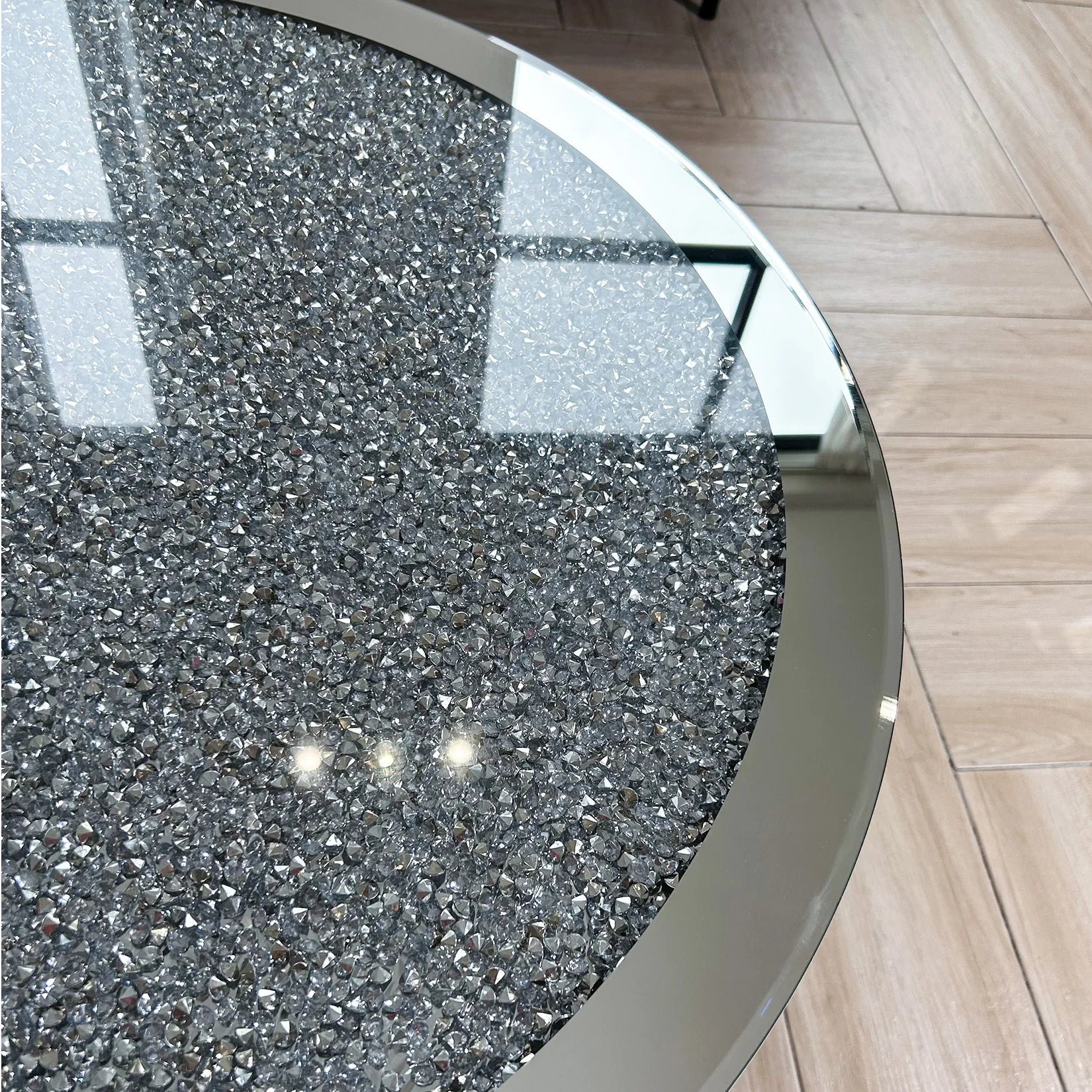 FATIVO Large Round Mirrored Coffee Table Beveled Bling Crushed Diamond End Table
