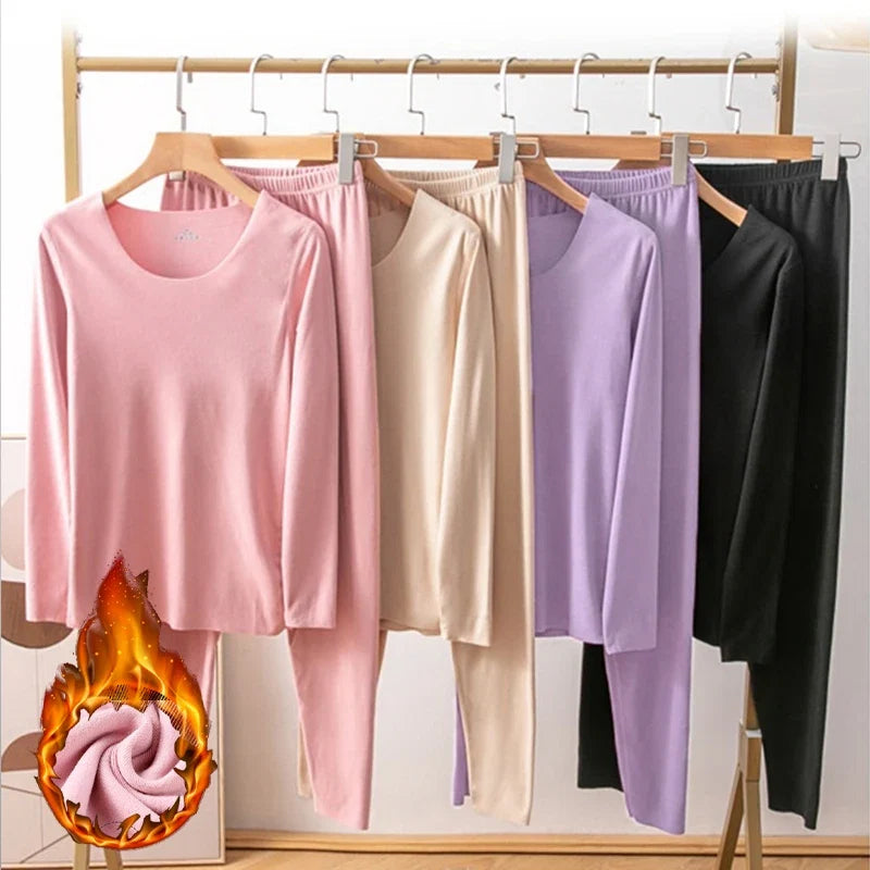 Women's Seamless Thermal Underwear Set Winter Warm Comfortable Solid Lingerie Long Johns Sexy Knitted Polyester Elastane Blend