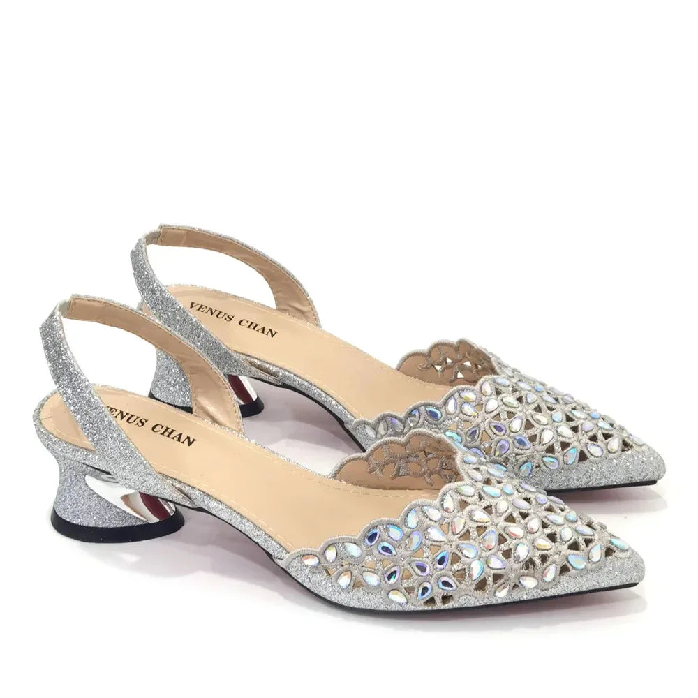 Hollowed Out Embroidery Rhinestone Pointed Toe Slingback Heels — Shoes Only or With Matching Bag | 5 Colours | EU 37–43