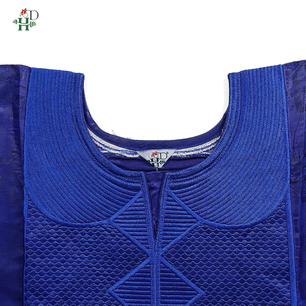 Men's African Traditional 3PCS Outfit  Blue Bazin Riche Agbada Embroidered Robe