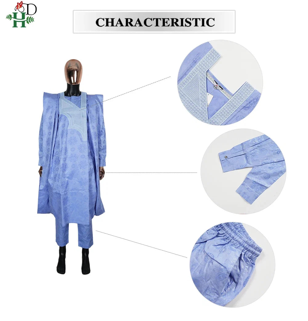 Men's African Embroidered Thobe 3-Piece Suit – Luxury Kaftan Gown, Top & Trousers | Polyester-Spandex | Plus Size L–4XL | Blue