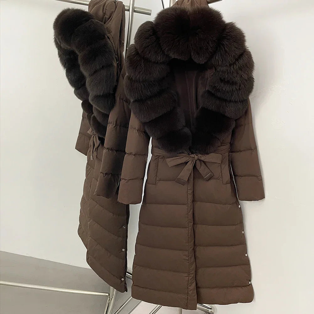 Real Faux Fur Collar Puffer Jacket Duck Down Thick Coat For Women