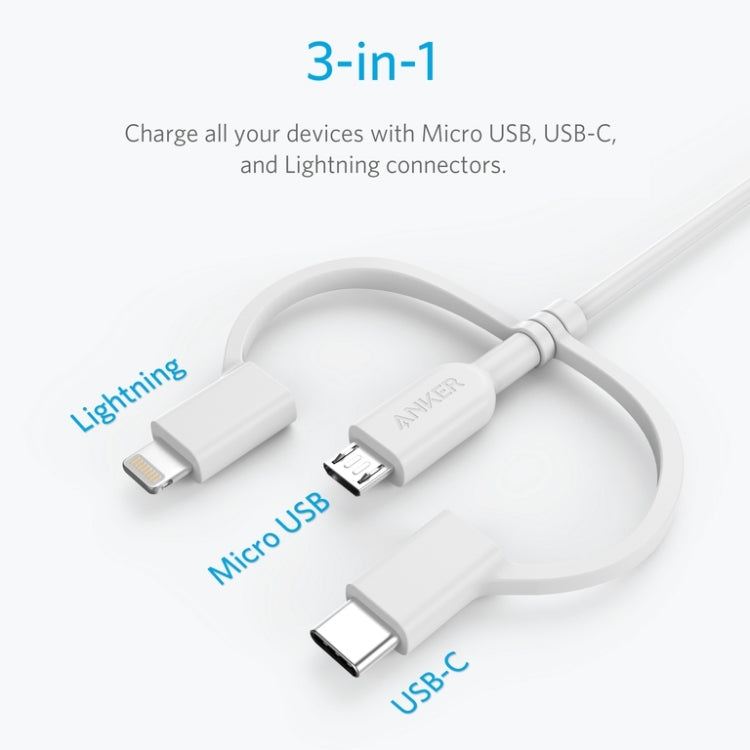 ANKER 3 in 1 8 Pin + Micro USB + USB-C / Type-C Interface MFI Certificated Data Cable(White)