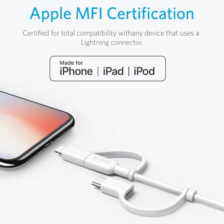 ANKER 3 in 1 8 Pin + Micro USB + USB-C / Type-C Interface MFI Certificated Data Cable(White)