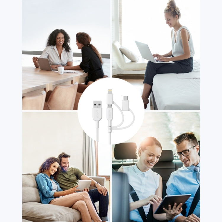 ANKER 3 in 1 8 Pin + Micro USB + USB-C / Type-C Interface MFI Certificated Data Cable(White)