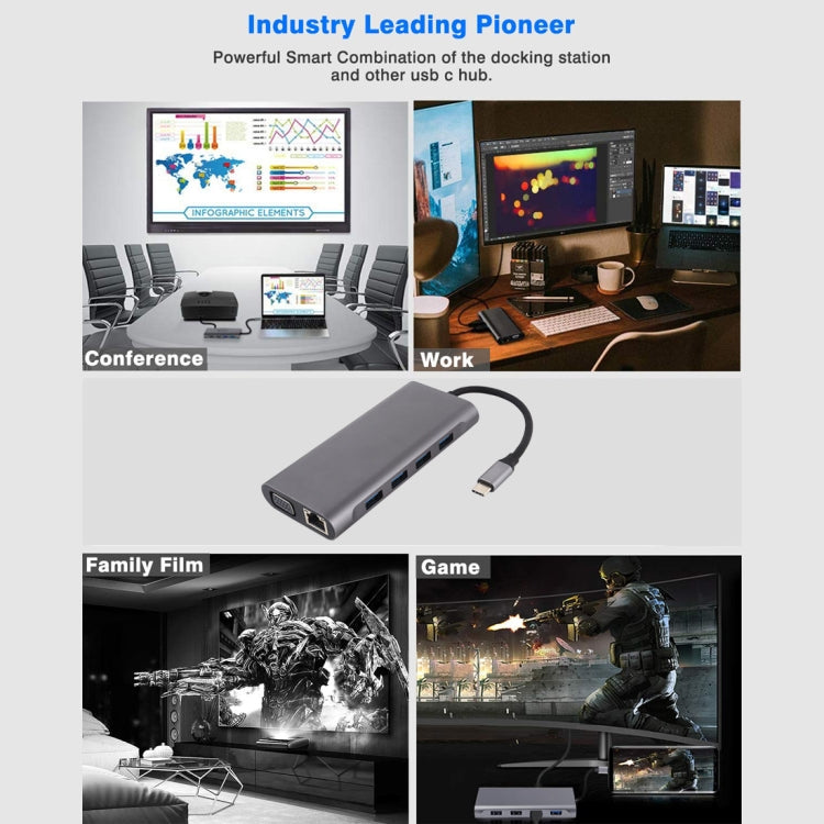 11 in 1 VGA + LAN Port + 4 x USB 3.0 + SD / TF Card + HDMI + Audio Port + USB-C / Type-C Female to USB-C / Type-C HUB Adapter(Dark Gray)