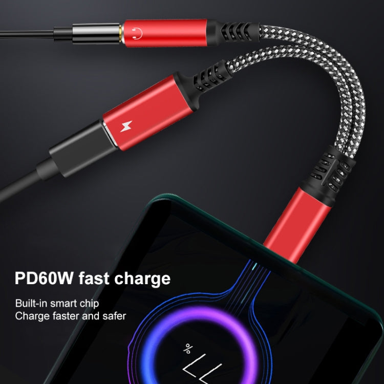 2 in 1 USB-C / Type-C Male to PD 60W USB-C / Type-C Charging + 3.5mm Audio Female Earphone Adapter (Silver)