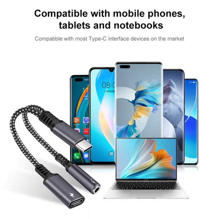 2 in 1 USB-C / Type-C Male to PD 60W USB-C / Type-C Charging + 3.5mm Audio Female Earphone Adapter (Silver)