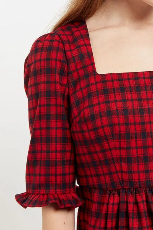 Sassa Winter Gingham Tiered Mini Dress in Red and Black