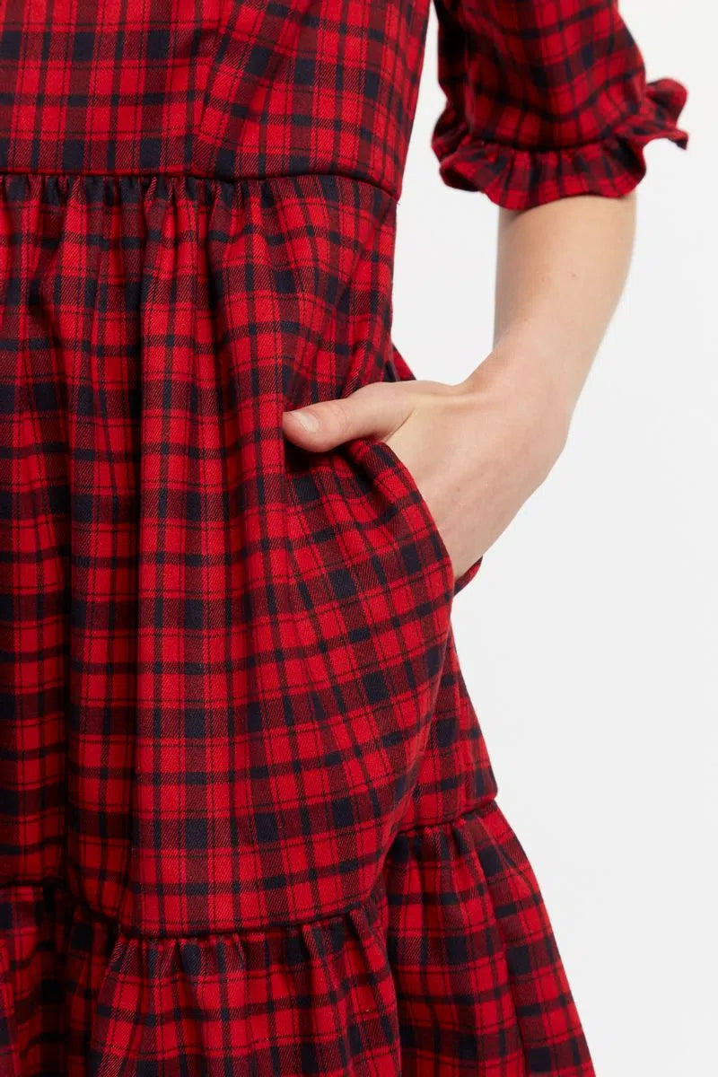 Sassa Winter Gingham Tiered Mini Dress in Red and Black