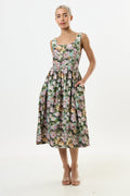 Sherazade 3D Daisy Print Square Neck Midi Dress - Green