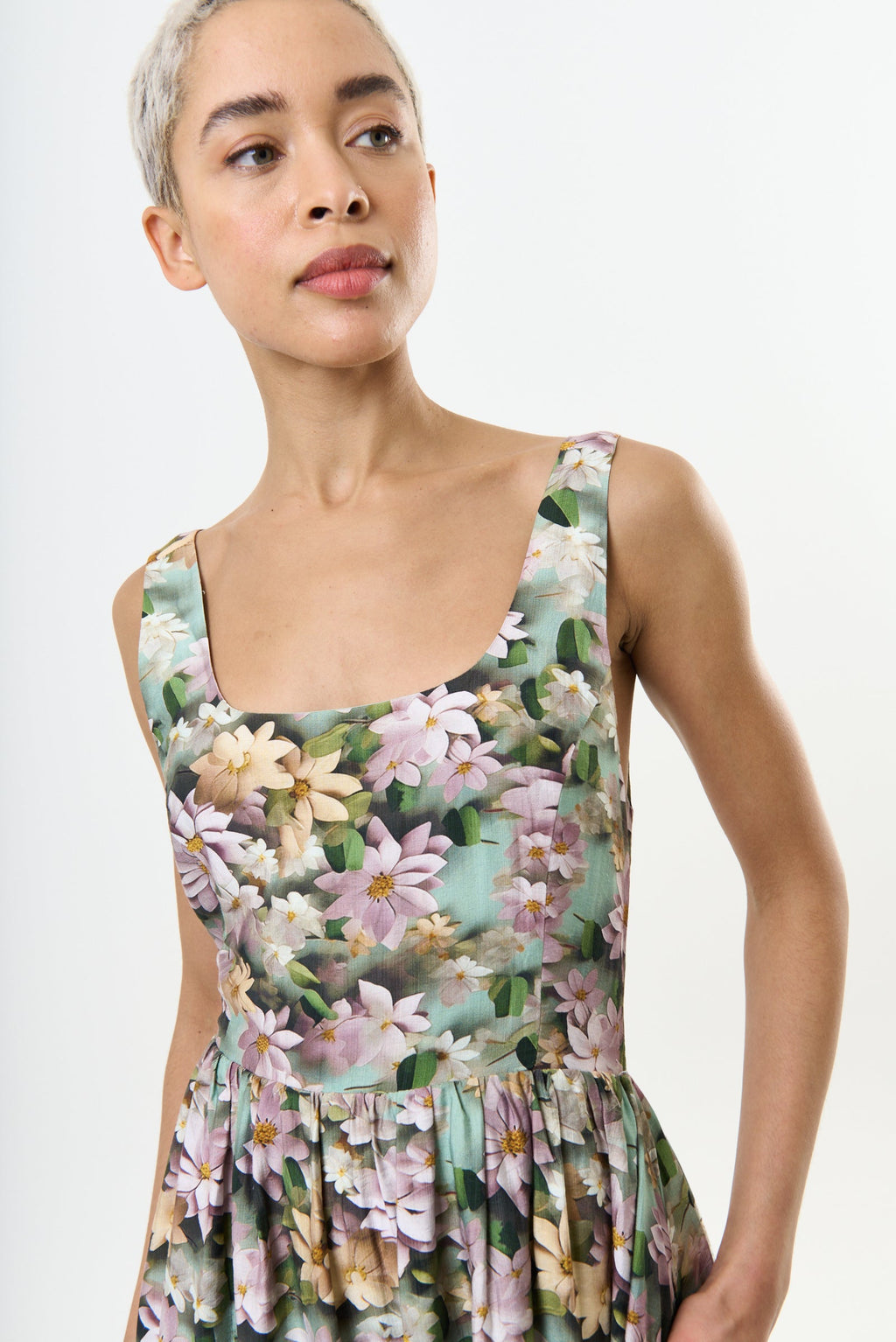 Sherazade 3D Daisy Print Square Neck Midi Dress - Green