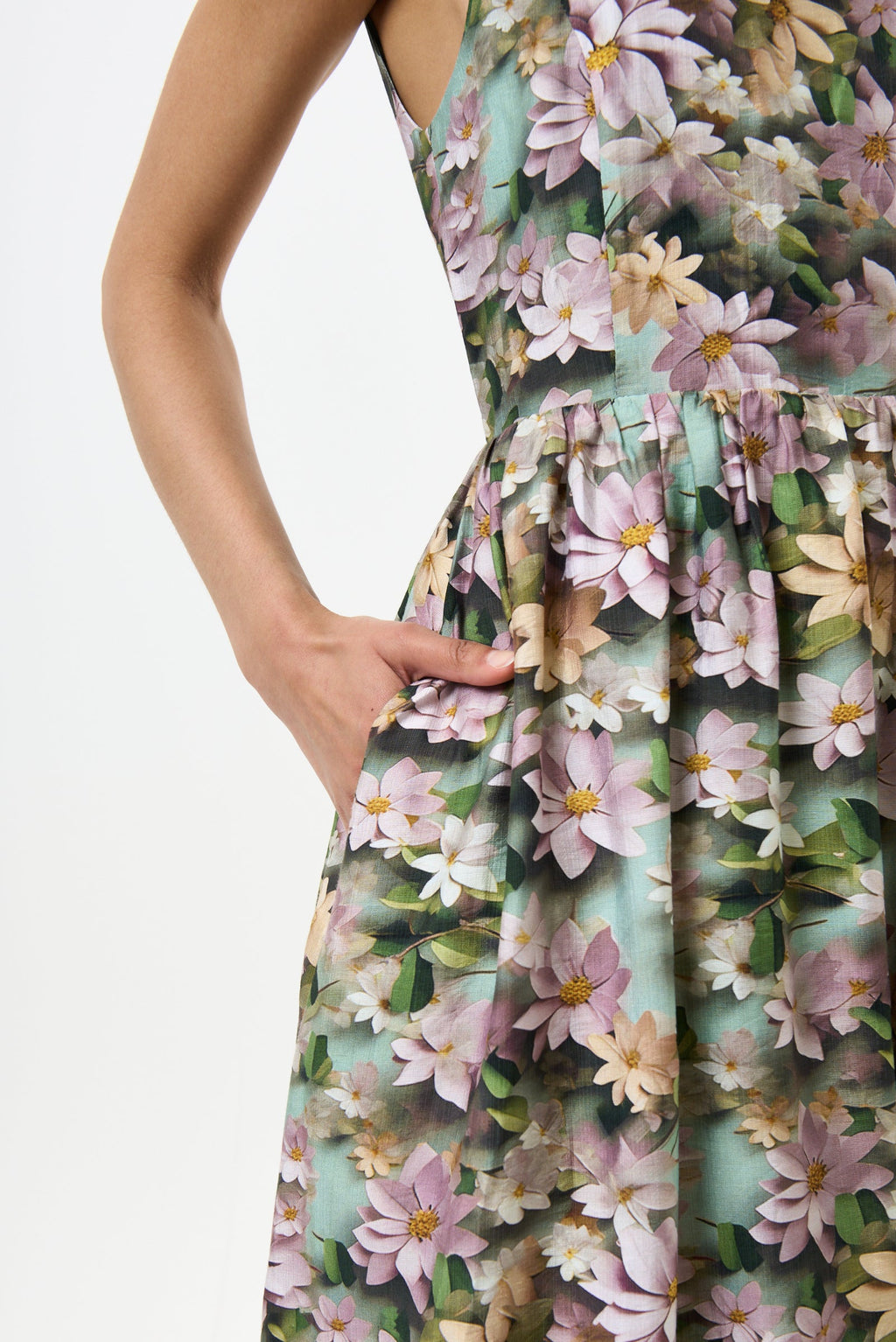 Sherazade 3D Daisy Print Square Neck Midi Dress - Green