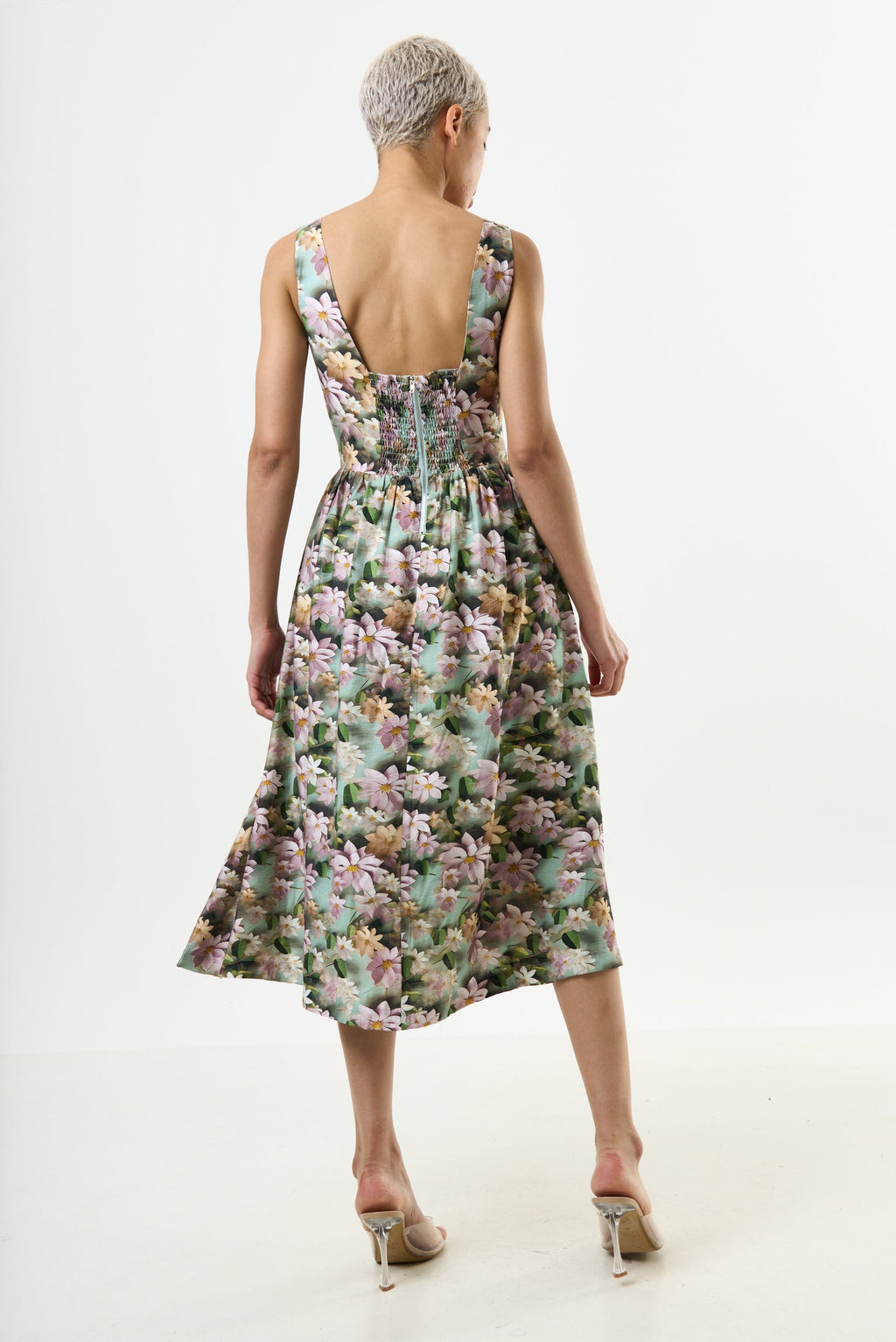 Sherazade 3D Daisy Print Square Neck Midi Dress - Green