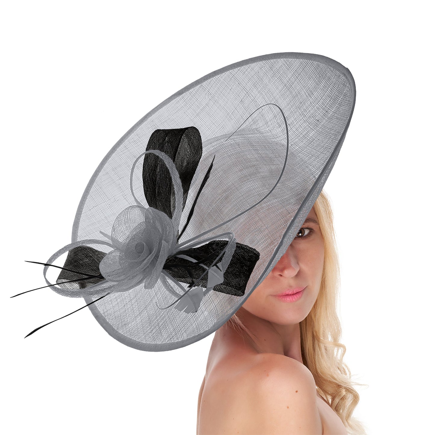 Silver Grey Black 41cm Large Sinamay Hatinator Disc Saucer Brim Hat Fascinator on Headband