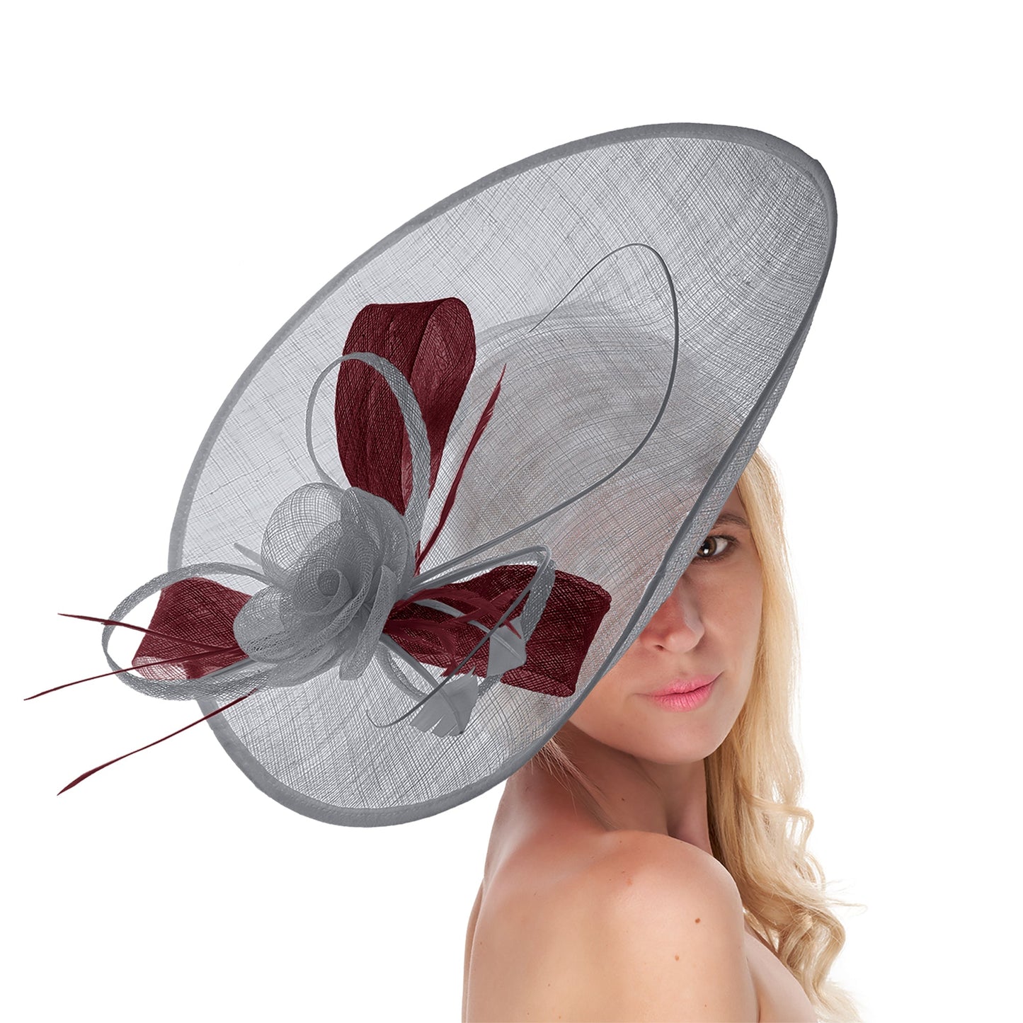 Silver Grey Burgundy 41cm Large Sinamay Hatinator Disc Saucer Brim Hat Fascinator on Headband