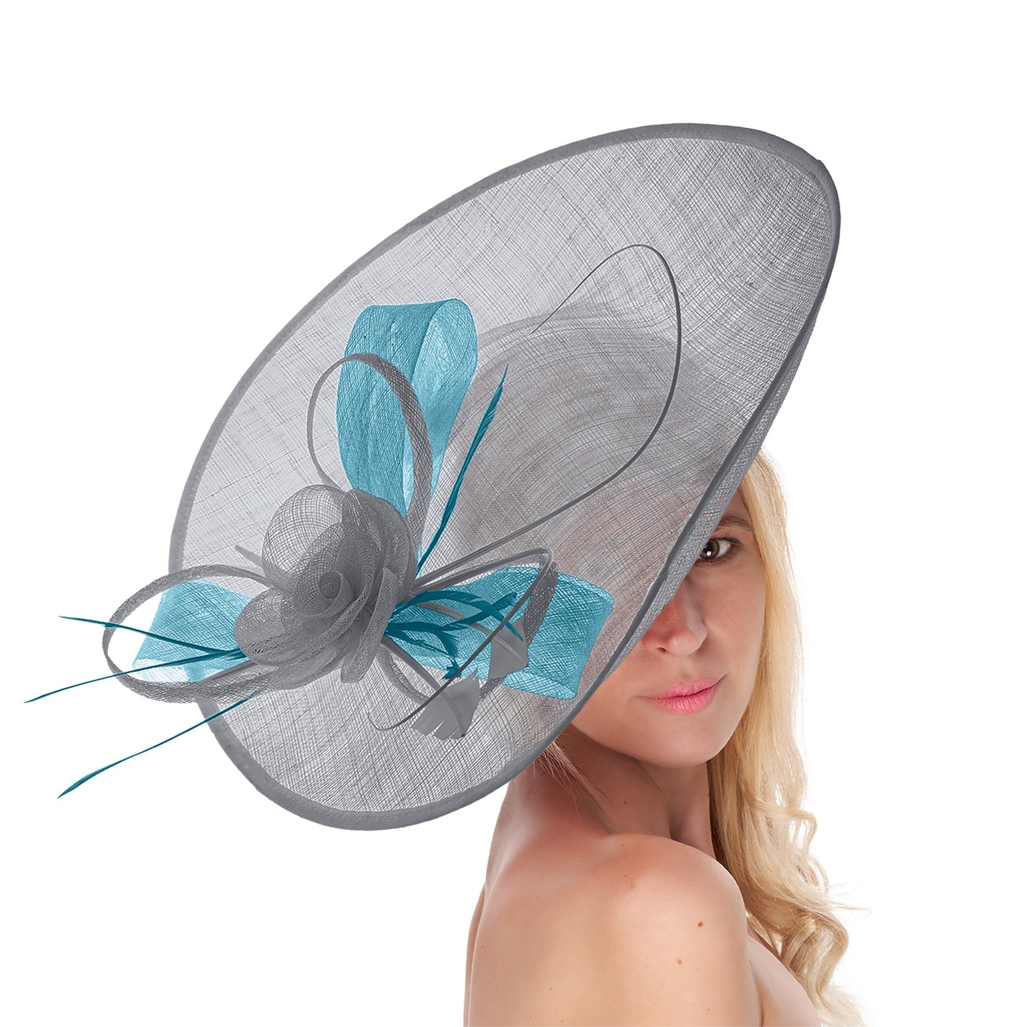 Silver Grey Cornflower 41cm Large Sinamay Hatinator Disc Saucer Brim Hat Fascinator on Headband