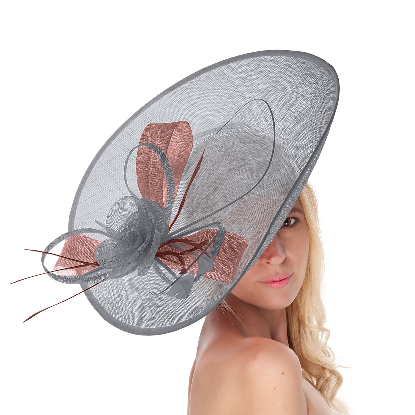 Silver Grey Dusty Pink 41cm Large Sinamay Hatinator Disc Saucer Brim Hat Fascinator on Headband