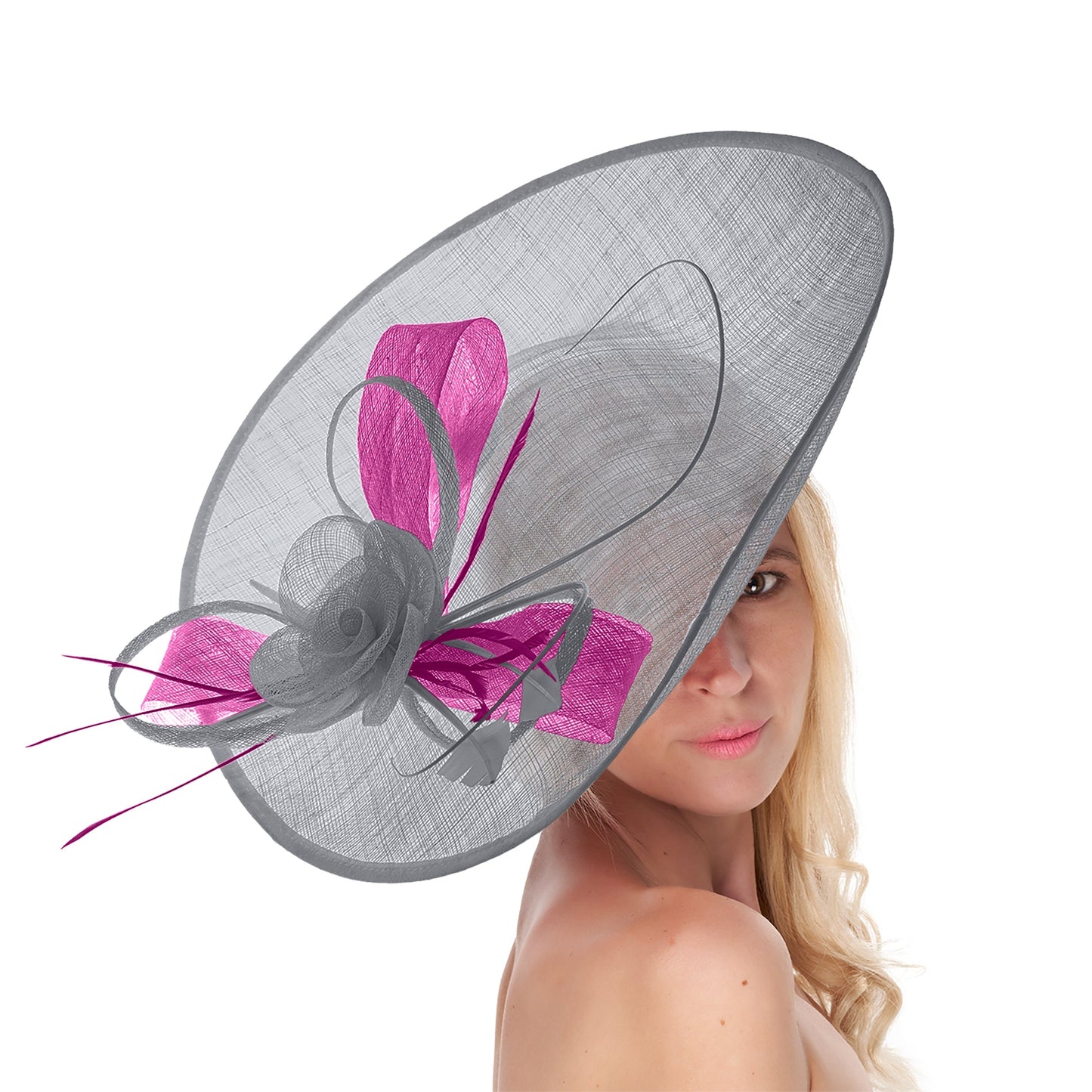 Silver Grey Fuchsia 41cm Large Sinamay Hatinator Disc Saucer Brim Hat Fascinator on Headband