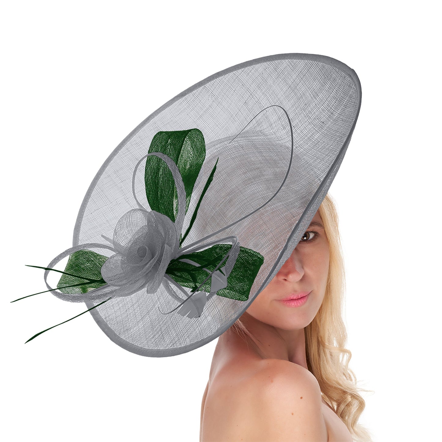 Silver Grey Green 41cm Large Sinamay Hatinator Disc Saucer Brim Hat Fascinator on Headband