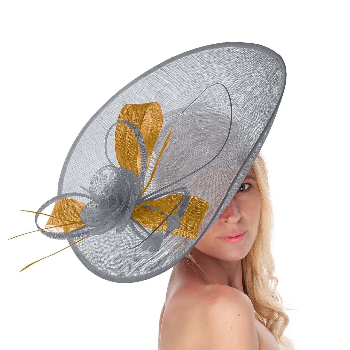 Silver Grey Mustard 41cm Large Sinamay Hatinator Disc Saucer Brim Hat Fascinator on Headband
