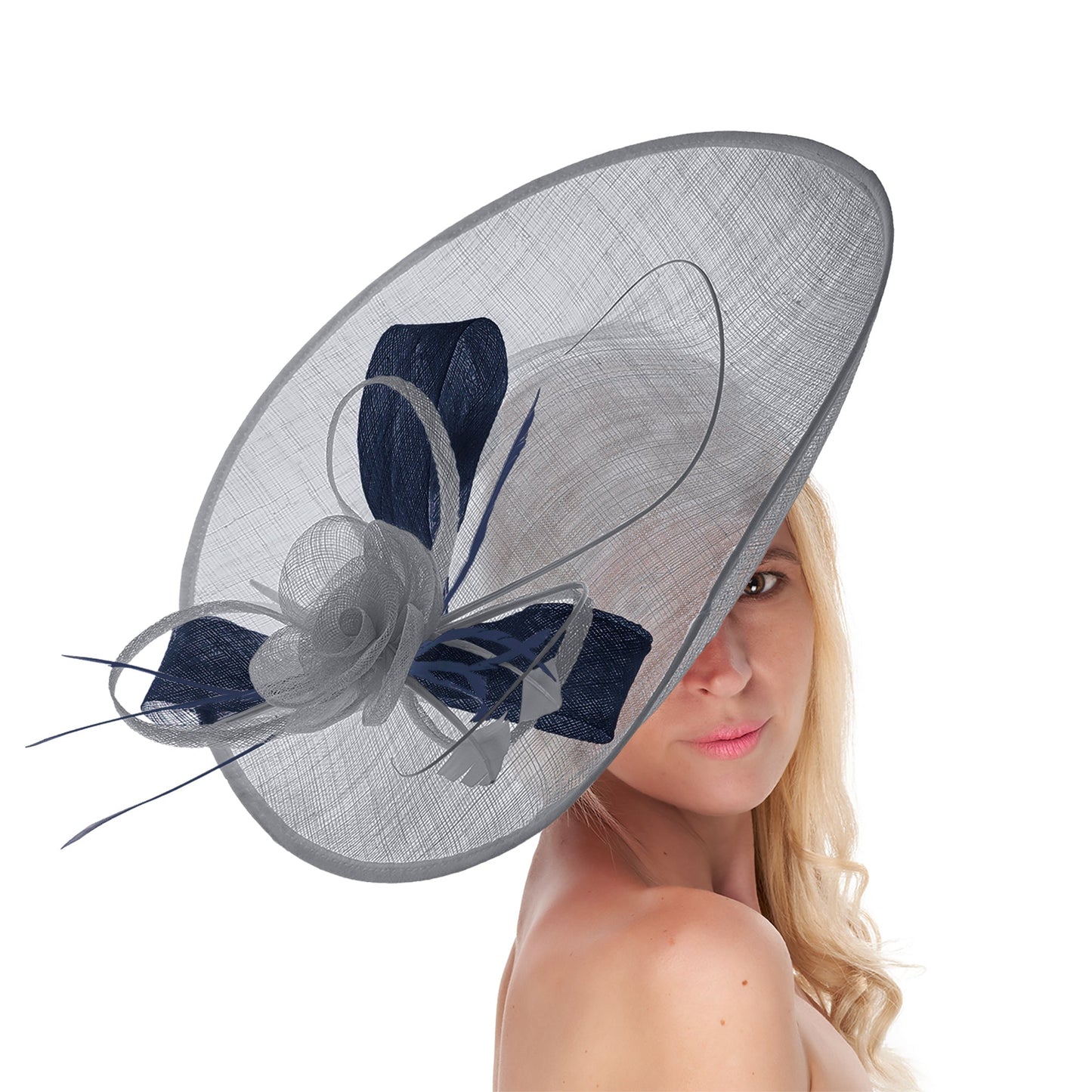 Silver Grey Navy 41cm Large Sinamay Hatinator Disc Saucer Brim Hat Fascinator on Headband
