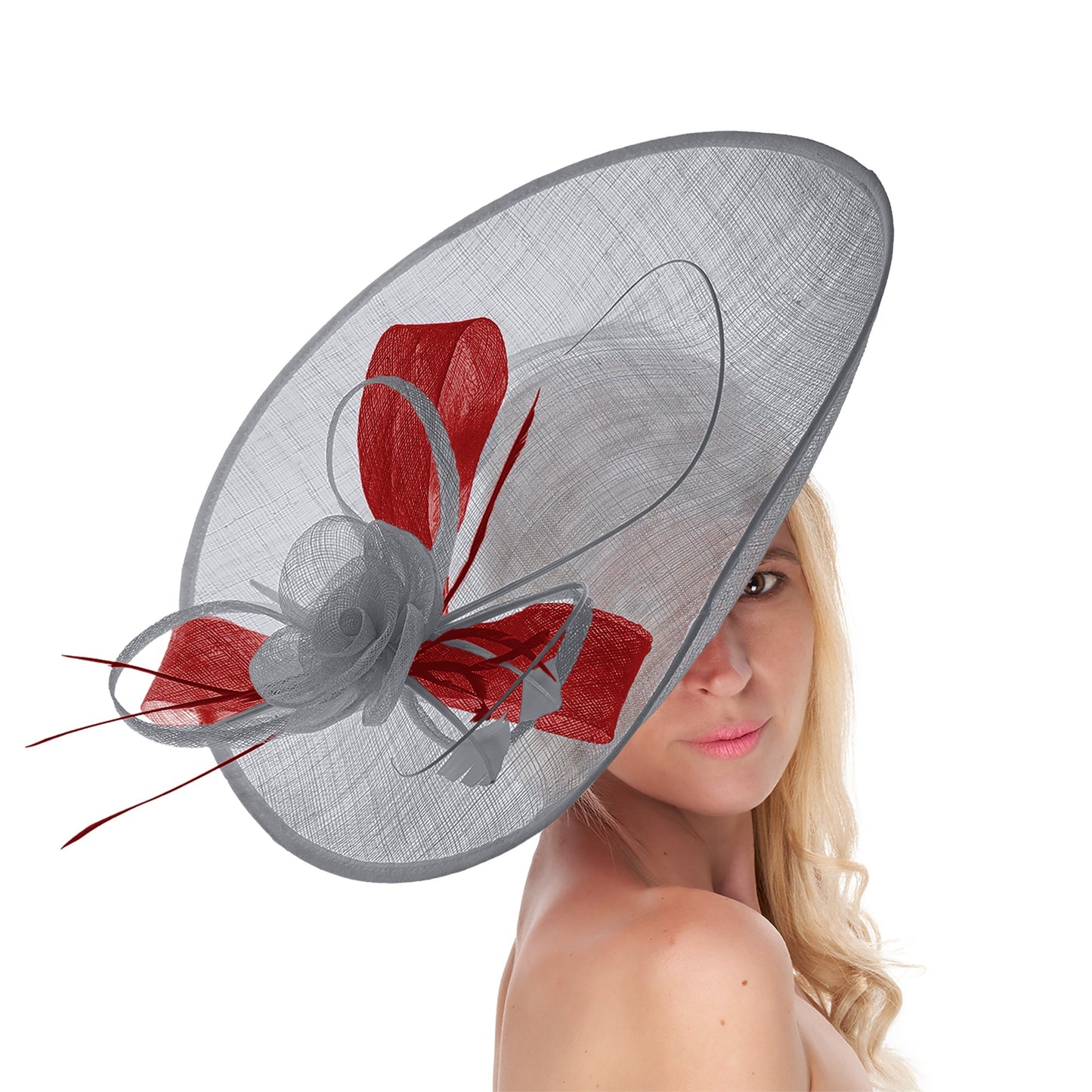Silver Grey Red 41cm Large Sinamay Hatinator Disc Saucer Brim Hat Fascinator on Headband