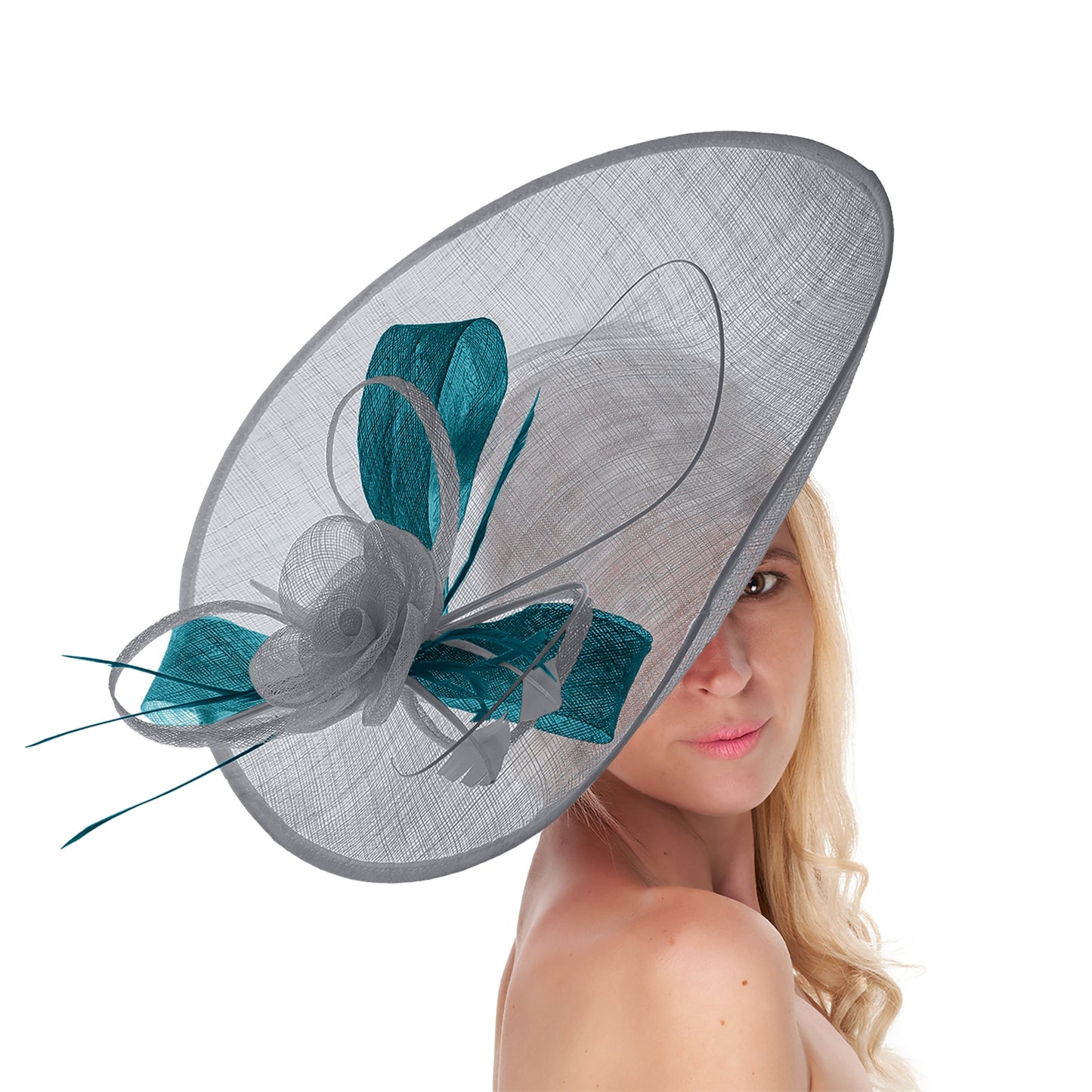 Silver Grey Teal 41cm Large Sinamay Hatinator Disc Saucer Brim Hat Fascinator on Headband