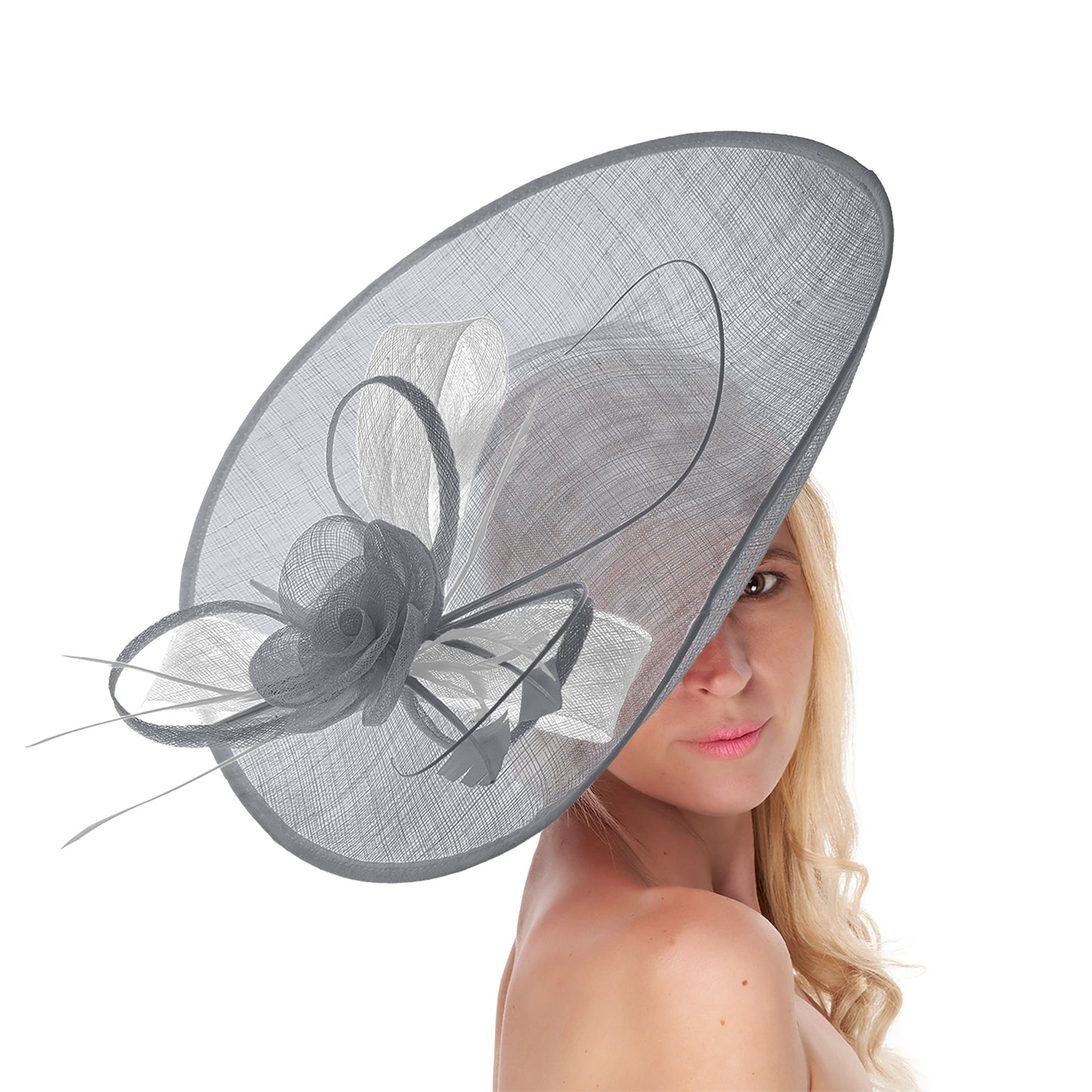 Silver Grey White 41cm Large Sinamay Hatinator Disc Saucer Brim Hat Fascinator on Headband