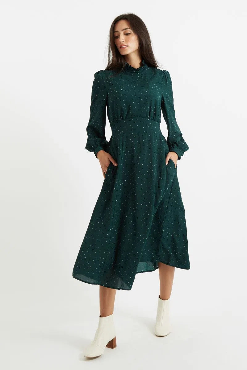 Louche Sorrel Micro Dot Long Sleeve Midi Dress in Green