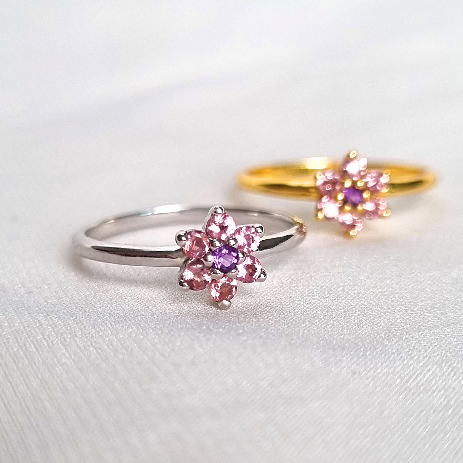 Pink Tourmaline and Amethyst Flower Ring in Sterling Silver