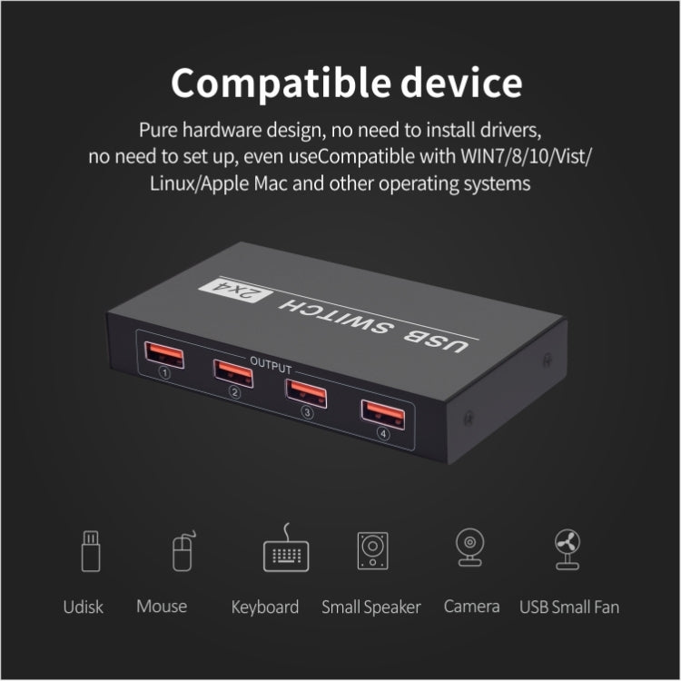 2x4 USB Switch 2 Port PCs Sharing 4 Devices for Printer Keyboard Mouse Monitor, 2x4 USB Switc