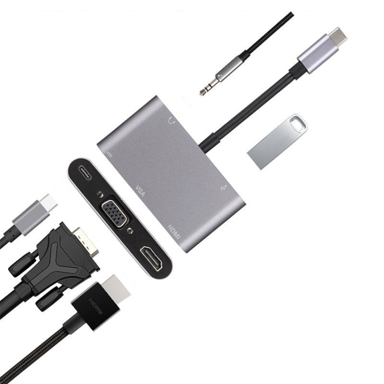 5 in 1 Type-C To HDMI + VGA + USB 3.0 + Audio Port + PD Port HUB Adapter(Grey)
