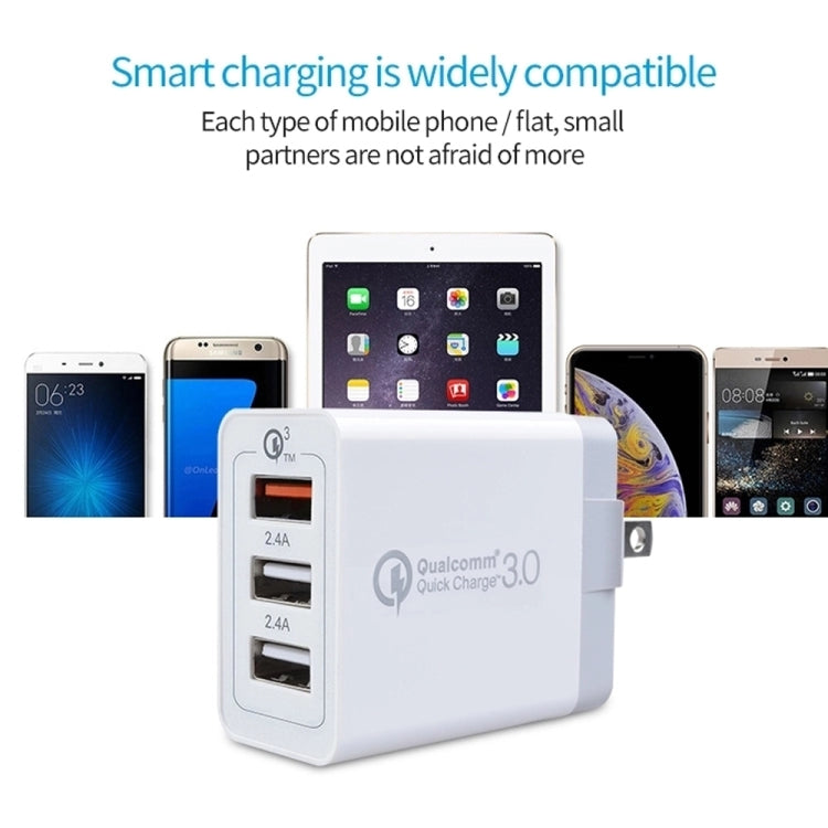 SDC-30W 2 in 1 USB to 8 Pin Data Cable + 30W QC 3.0 USB + 2.4A Dual USB 2.0 Ports Mobile Phone Tablet PC Universal Quick Charger Travel Charger Set,  US Plug, with 8 Pin Cable, US Plug