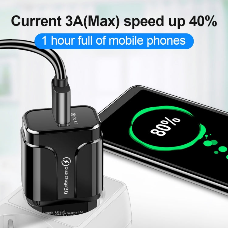 LZ-023 18W QC 3.0 USB Portable Travel Charger + 3A USB to 8 Pin Data Cable, EU Plug, 8 Pin Data Cable, EU Plug