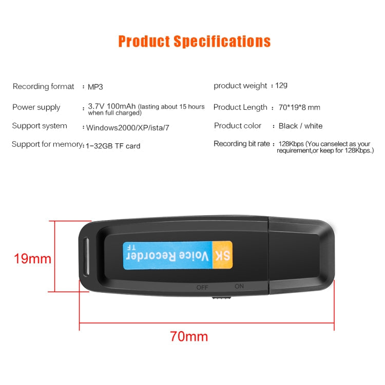 SK001 Professional Rechargeable U-Disk Portable USB Digital Audio Voice Recorder Pen Support TF Card Up to 32GB Dictaphone Flash Drive(Black)