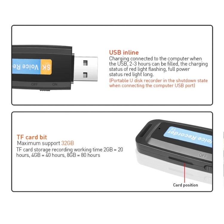 SK001 Professional Rechargeable U-Disk Portable USB Digital Audio Voice Recorder Pen Support TF Card Up to 32GB Dictaphone Flash Drive(White)