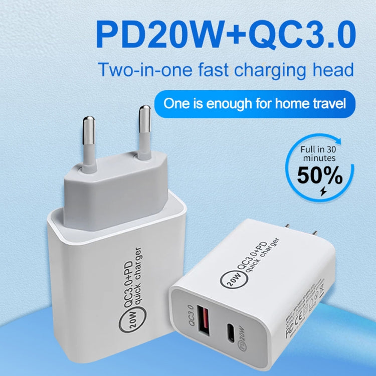 Dual Fast Charging 20W PD3.0+QC 3.0 Interface Travel Charger for iPhone, Huawei, Samsung, Xiaomi, EU Plug, US Plug, AU Plug