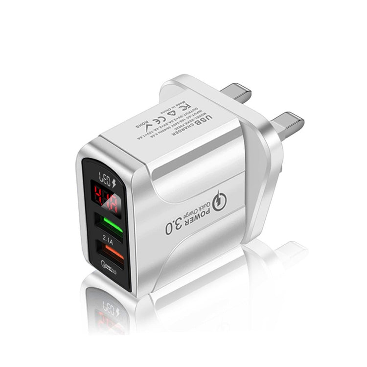 F002C QC3.0 USB + USB 2.0 Fast Charger with LED Digital Display for Mobile Phones and Tablets, UK Plug(White)