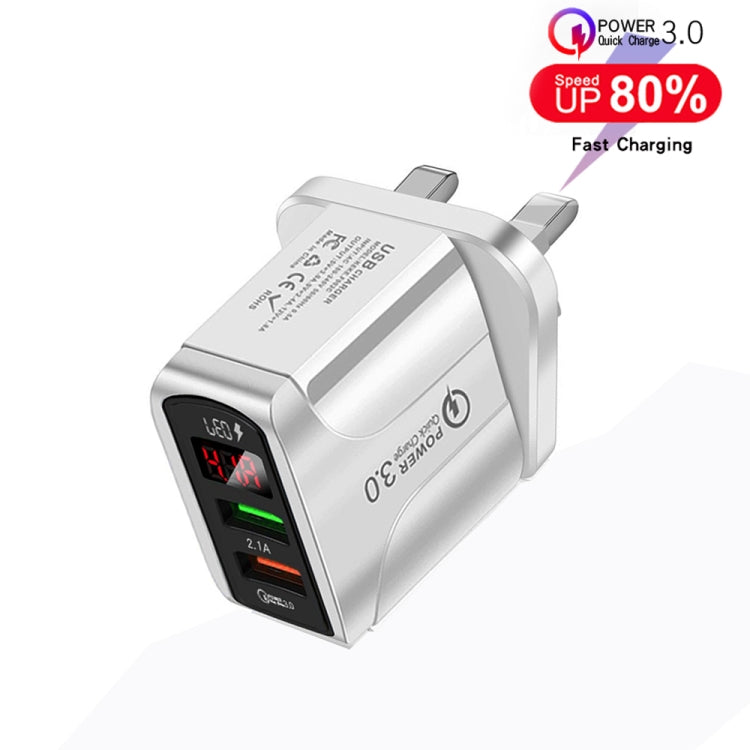 F002C QC3.0 USB + USB 2.0 Fast Charger with LED Digital Display for Mobile Phones and Tablets, UK Plug(White)