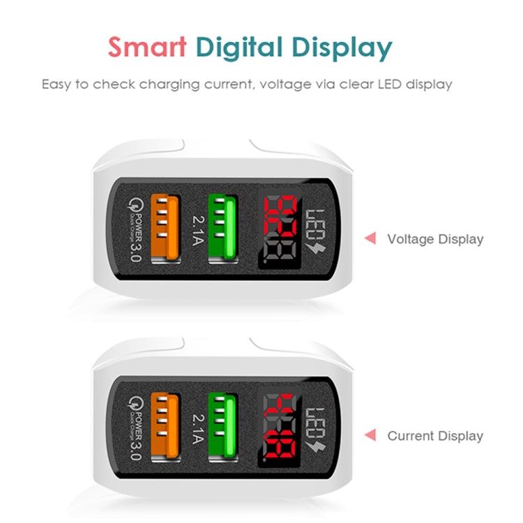 F002C QC3.0 USB + USB 2.0 Fast Charger with LED Digital Display for Mobile Phones and Tablets, UK Plug(White)
