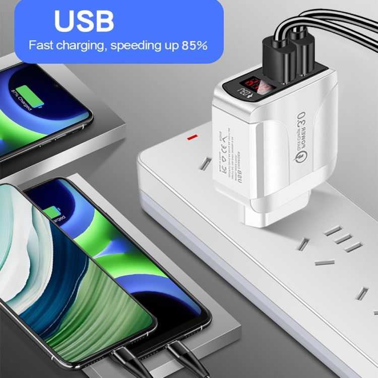 F002C QC3.0 USB + USB 2.0 Fast Charger with LED Digital Display for Mobile Phones and Tablets, UK Plug(White)