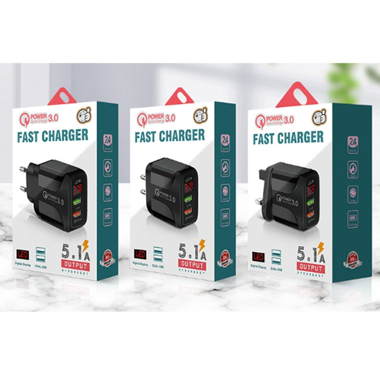 F002C QC3.0 USB + USB 2.0 Fast Charger with LED Digital Display for Mobile Phones and Tablets, UK Plug(White)