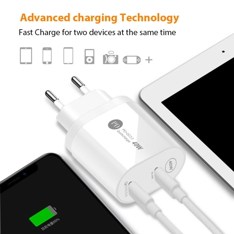 40W Dual Port PD / Type-C Fast Charger with Type-C to 8 Pin Data Cable, UK Plug, UK Plug + Type-C to 8 Pin Cable